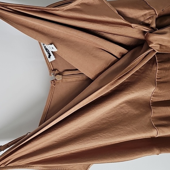 Express Mocha Satiny Slip Dress w Faux Wrap Front Spaghetti Straps Fit & Flare - Picture 4 of 12